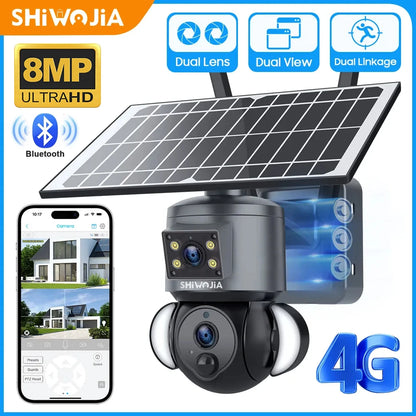 SHIWOJIA 8MP 4G SIM Solar Battery Surveillance Camera Outdoor WIFI Solar Panel Security Camera PIR Human Detection Two Way Audio