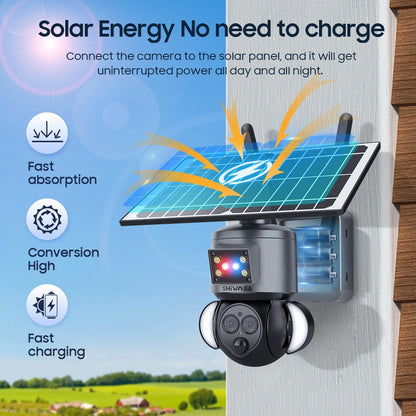 SHIWOJIA 8MP 4K Solar CAMERA WIFI 12X ZOOM Solar Panel Battery Security Camera Dual Lens Anti-theft Siren Alarm Surveillance Cam