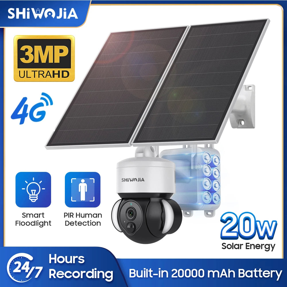 SHIWOJIA 20W Solar Panel Camera 4G SIM with 20000mAh Battery Outdoor Solar Powered Camera PIR Monitor Waterproof  CCTV Video Cam