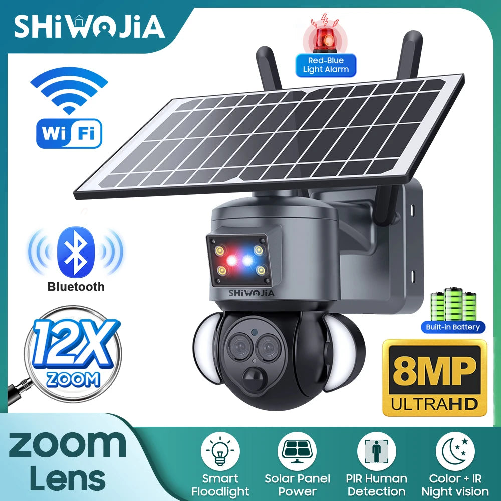 SHIWOJIA 8MP 4K Solar CAMERA WIFI 12X ZOOM Solar Panel Battery Security Camera Dual Lens Anti-theft Siren Alarm Surveillance Cam