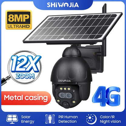 SHIWOJIA 4G SIM Solar Camera 8MP 12X ZOOM Solar Powered Security Camera Surveillance WIFI PIR Human Monitor Solar Battery Camera