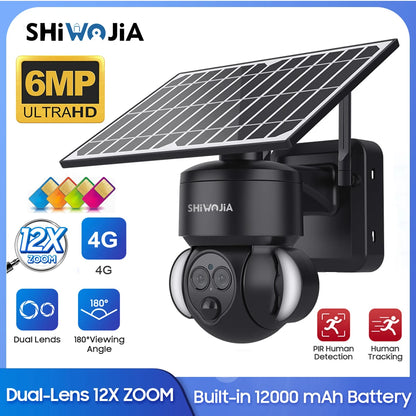 SHIWOJIA WIFI Solar Camera 4G SIM Outdoor 6MP 12X ZOOM Solar Panel Surveillance Cameras PIR PTZ Security Protction with 12000mAh