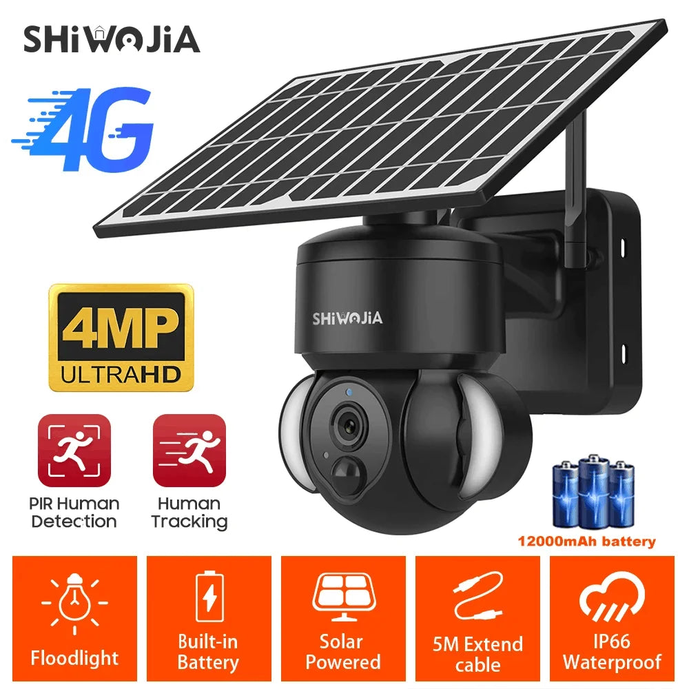 SHIWOJIA 4MP WIFI Solar Camera 4G Sim Card PIR Human Detection Solar Battery Security Camera CCTV Video Surveillance Outdoor Cam