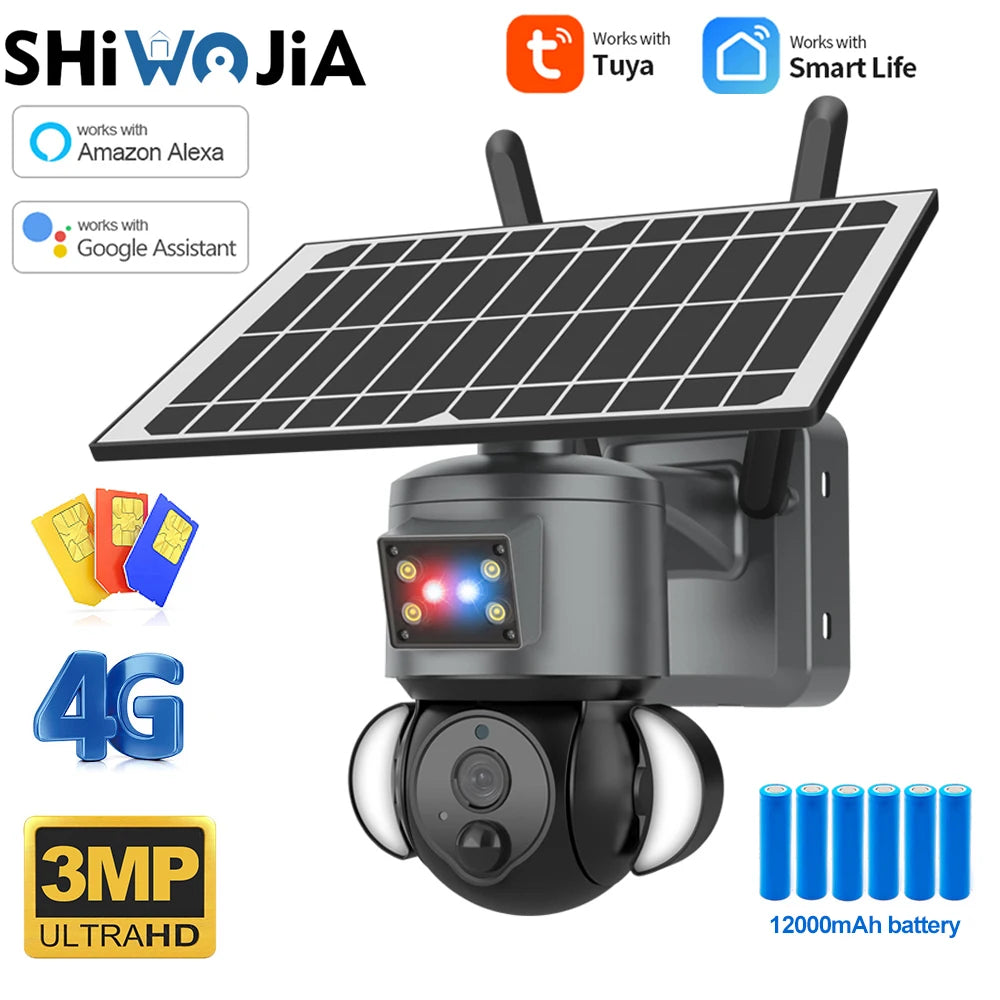 SHIWOJIA 3MP TUYA Solar Powered Security Camera 4G SIM WIFI Solar Panel Surveillance Cameras PIR Human Detection Video Outdoor