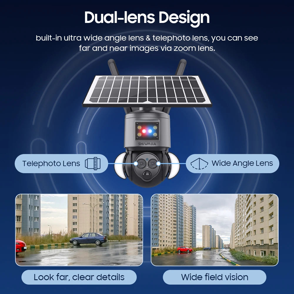 SHIWOJIA 8MP 4K Solar CAMERA WIFI 12X ZOOM Solar Panel Battery Security Camera Dual Lens Anti-theft Siren Alarm Surveillance Cam